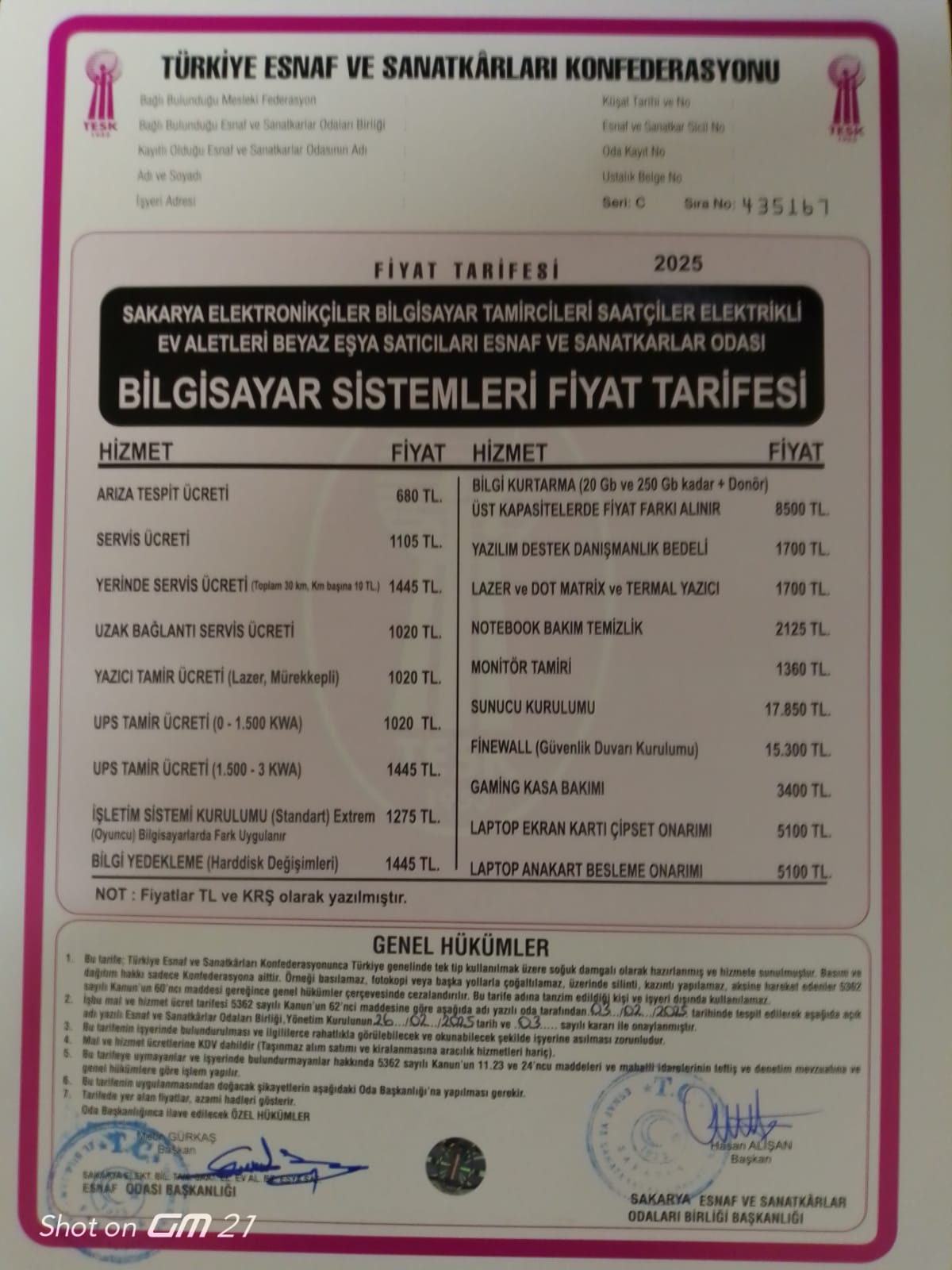 Fiyat Tarifeleri basıldı.
